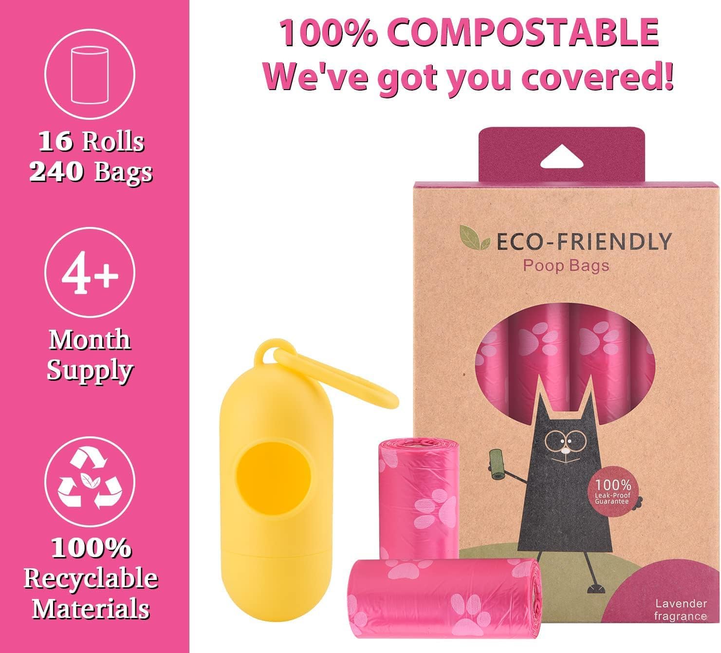 Biodegradable Dog Poo Bags with Holder-240 Large Poop Bags, Corn Starch Blended Compostable Bag, Extra Thick Strong