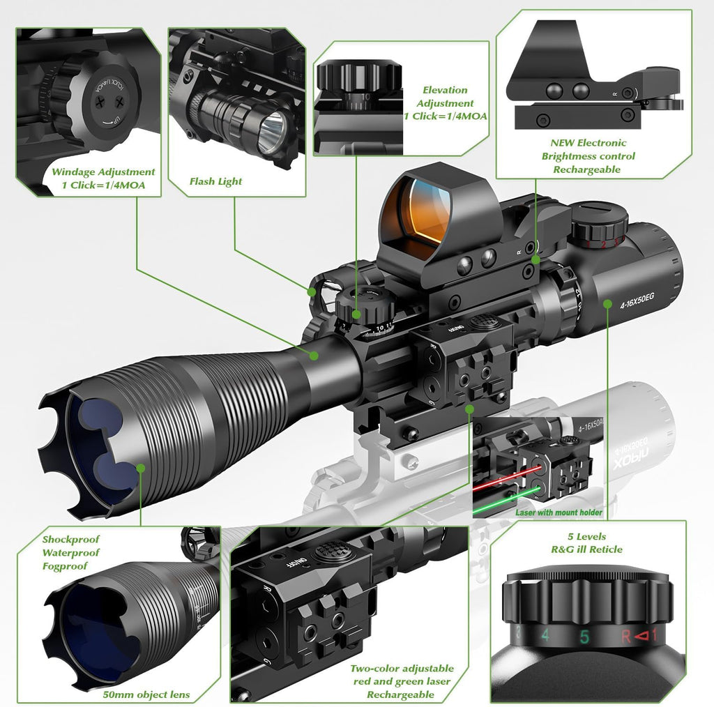 4-12/16x50EG Hunting Rifle Scope Tactical Red/Green Dual Illuminated Range Finder with Green/Red Laser 4 Models