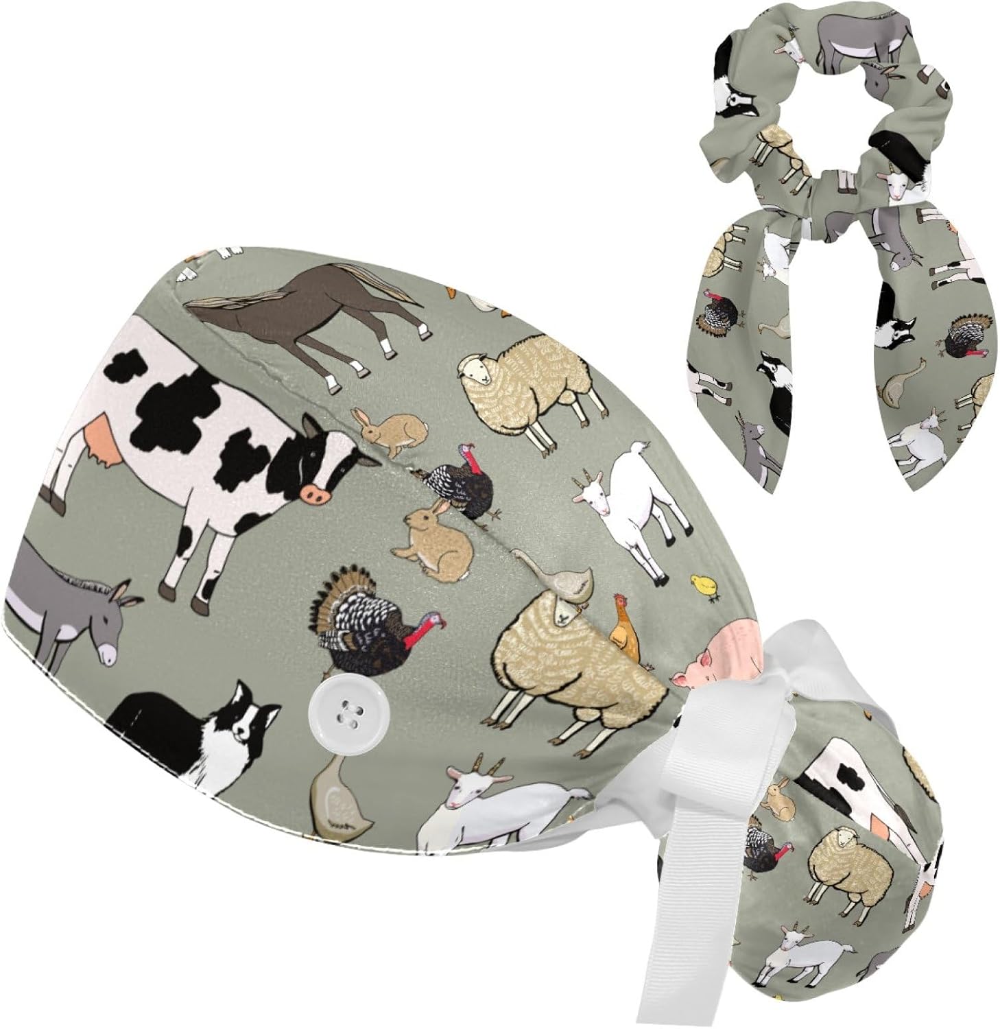 Adjustable Farm Animals Pig Cow Women Bouffant Cap with Buttons Scrub Hat for Woman