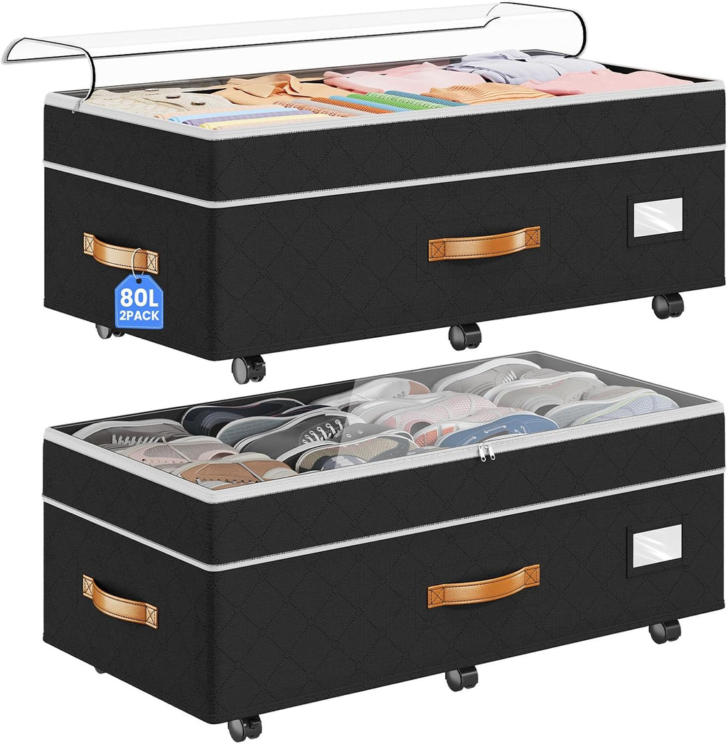 Under Bed Storage with Wheels 2Pack, 80L Height Adjustable Underbed Containers with Clear Lids, Rolling Under Bed