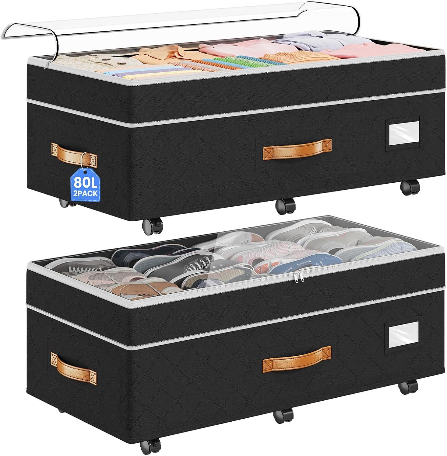 Under Bed Storage with Wheels 2Pack, 80L Height Adjustable Underbed Containers with Clear Lids, Rolling Under Bed