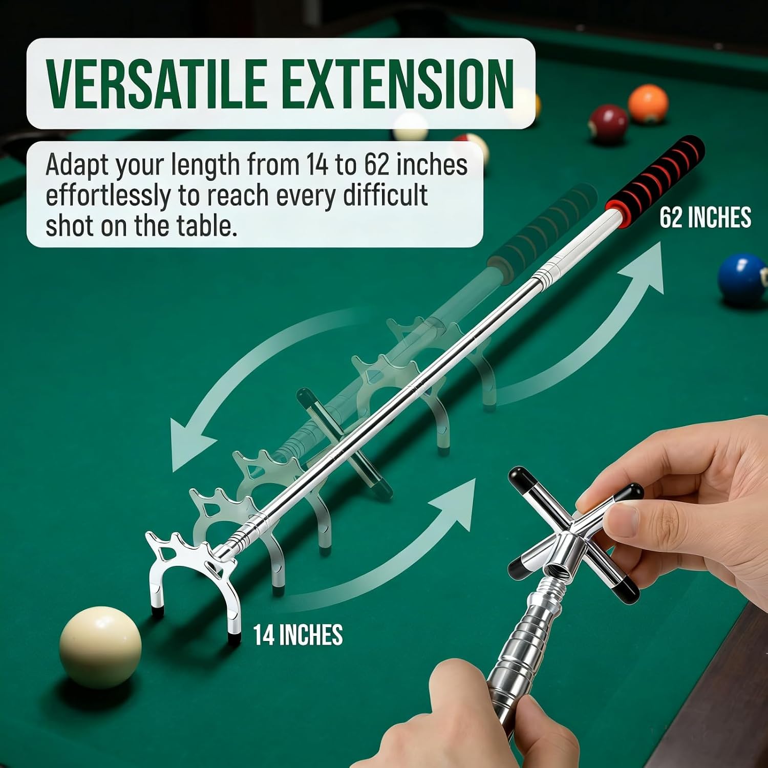 Retractable Pool Cue Bridge, Billiards Cue Rest with 3 Pieces Removable Alloy Bridge Head, Snooker Pool Cue Bridge
