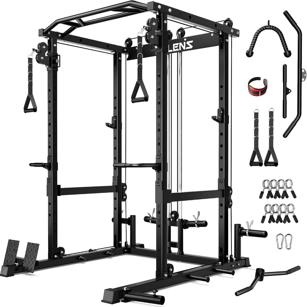 C12 Power Rack, 2000LBS Squat Rack with Cable Crossover System, Workout Cage with More Training Attachments for Home Gym