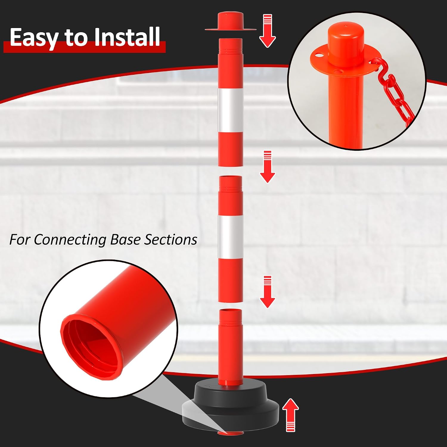 [4 Pack] 34 inch Traffic Delineator Post with Weighted Base, Orange Safety Cones with 5 FT Plastic Chain, Safety