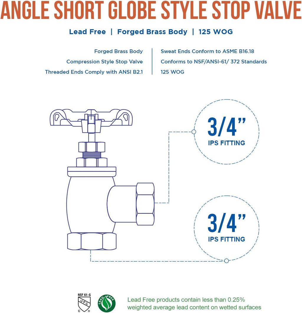 Everflow Supplies 74342-NL 3/4" ANGLE NO LEAD SHORT GLOBE VALVE WITH FEMALE THREADED IPS CONNECTIONS