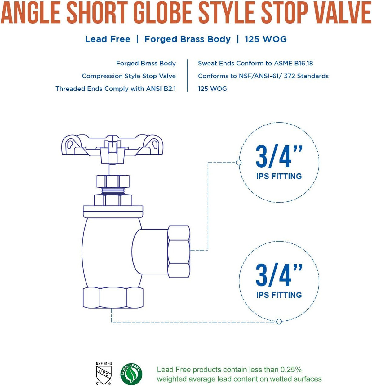Everflow Supplies 74342-NL 3/4" ANGLE NO LEAD SHORT GLOBE VALVE WITH FEMALE THREADED IPS CONNECTIONS