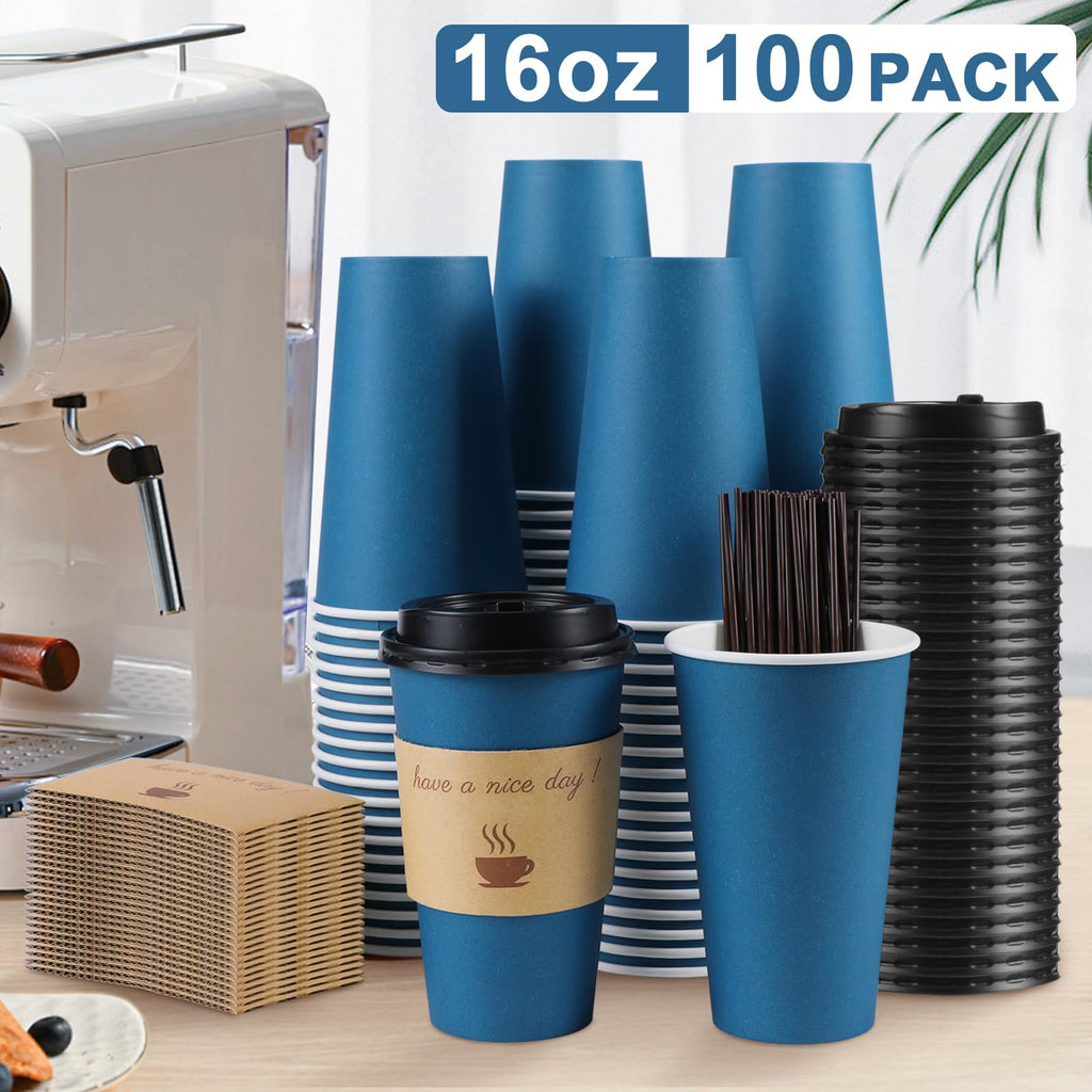 100 Pack 16 oz Disposable Paper Coffee Cups with Lids(Navy)
