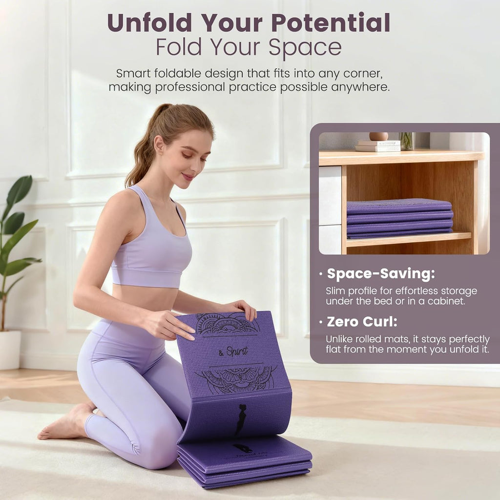 Foldable Yoga Mat and Blocks Set for Women with 2 Pack Yoga Blocks and Strap,Thin Non Slip Pilates Mat with Bag, Home