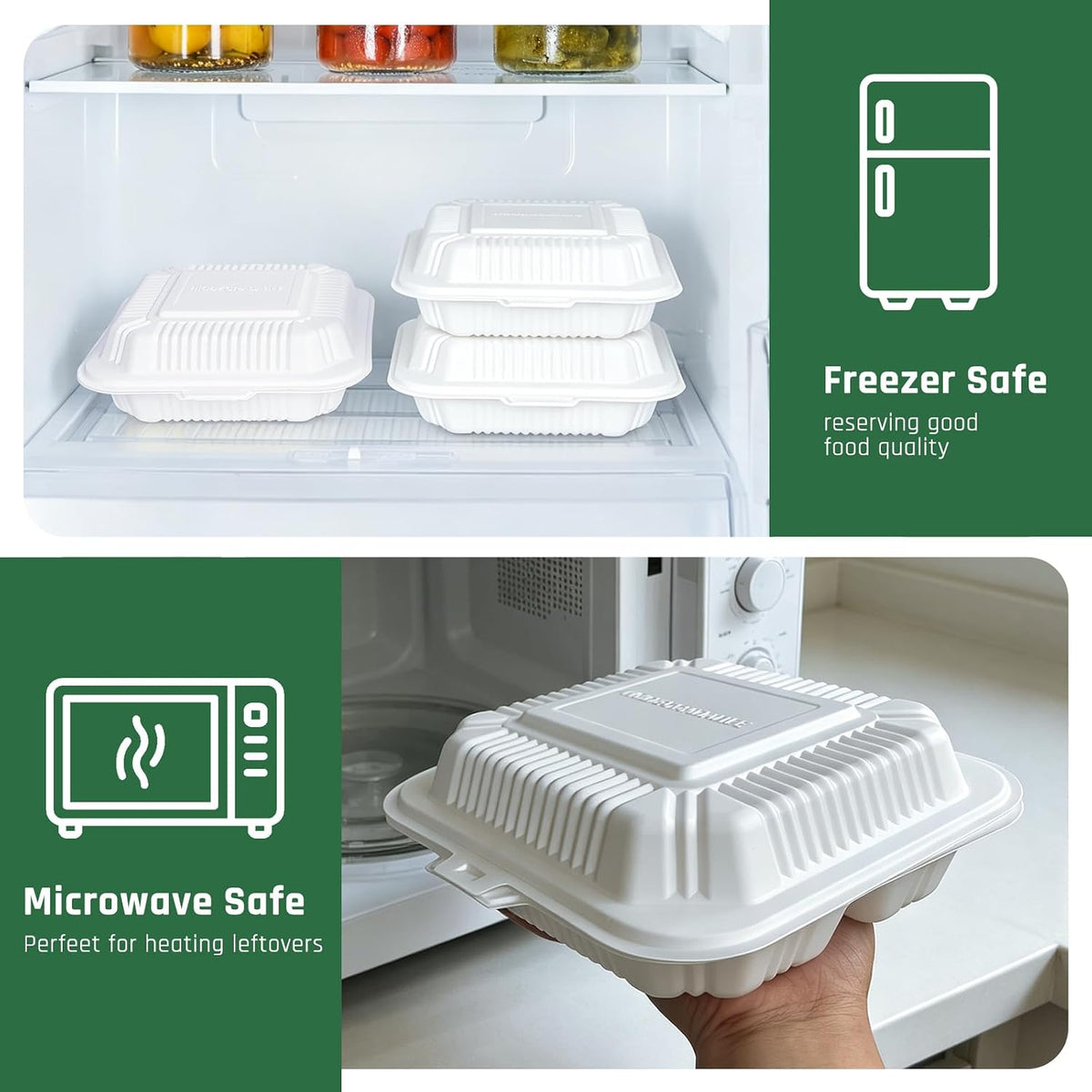 100 Pack 8 x 8 Inch 3 Compartment To Go Food Containers, Waterproof Leak-Resistant Clamshell Takeout Containers