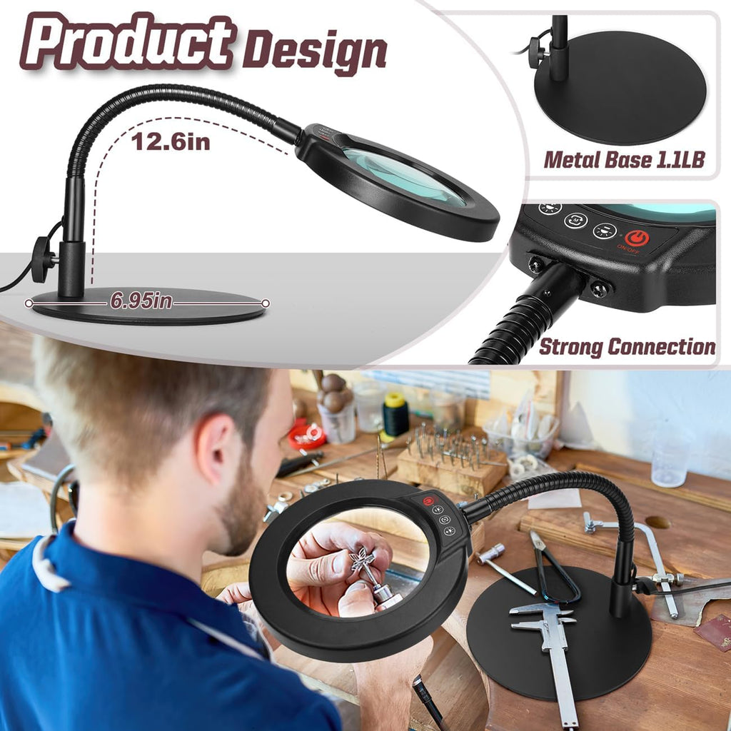 10X Magnifying Glass with Light and Stand, 5 Color Modes Stepless Dimmable LED Lighted Desk Lamp, Hands Free