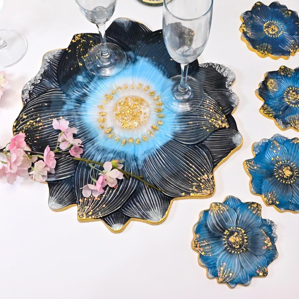 Large Flower Resin Tray Mold Set, White Silicone molds, 14 Inch with 4 Coaster Molds for DIY Crystal Geode Casting