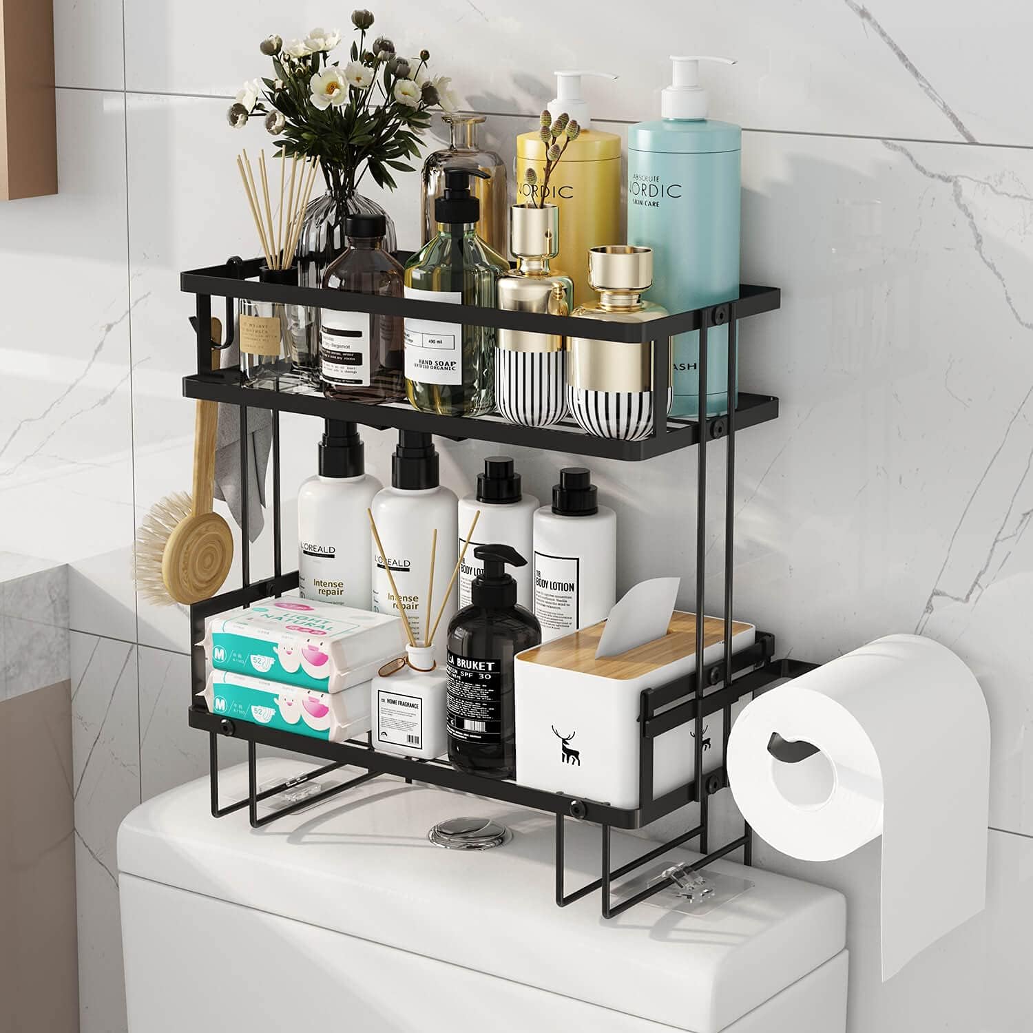 2-Tier Over Toilet Storage Shelf, Wall-Mount with 2 Hook/Paper Rack | Bathroom Organizers and Storage Cabinet