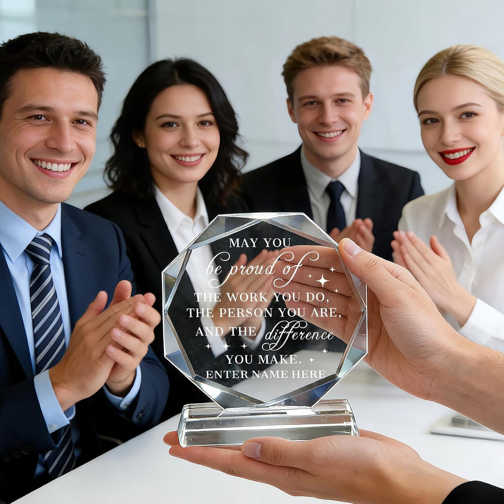 SHIP NEXT DAY, Personalized Crystal Award Trophy - Custom with Company Logo Text & Employee Name, Engraved Award for