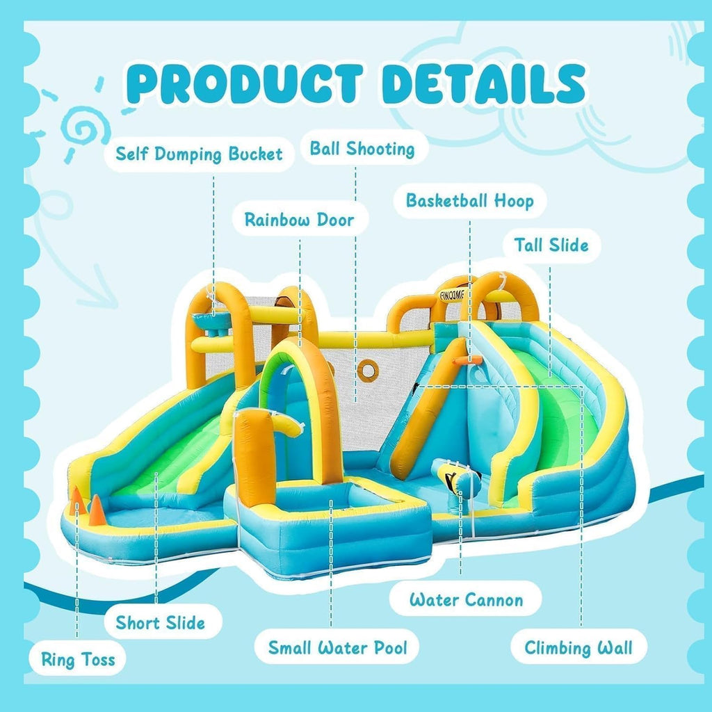 Inflatable Water Slide, Bounce House with 2 Slide for Kids, Inflatable Waterslide Park with Splash Pool, Basketball