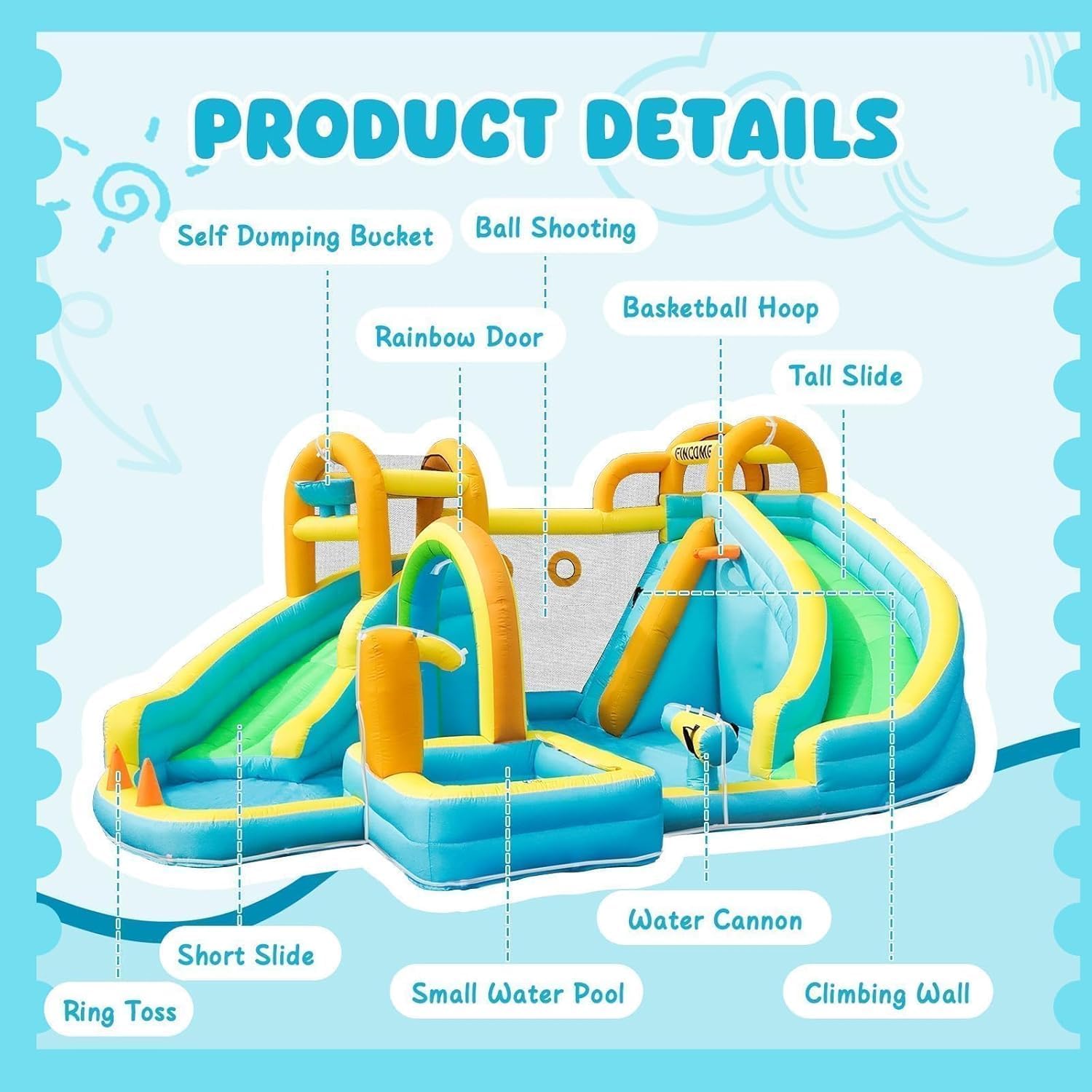 Inflatable Water Slide, Bounce House with 2 Slide for Kids, Inflatable Waterslide Park with Splash Pool, Basketball
