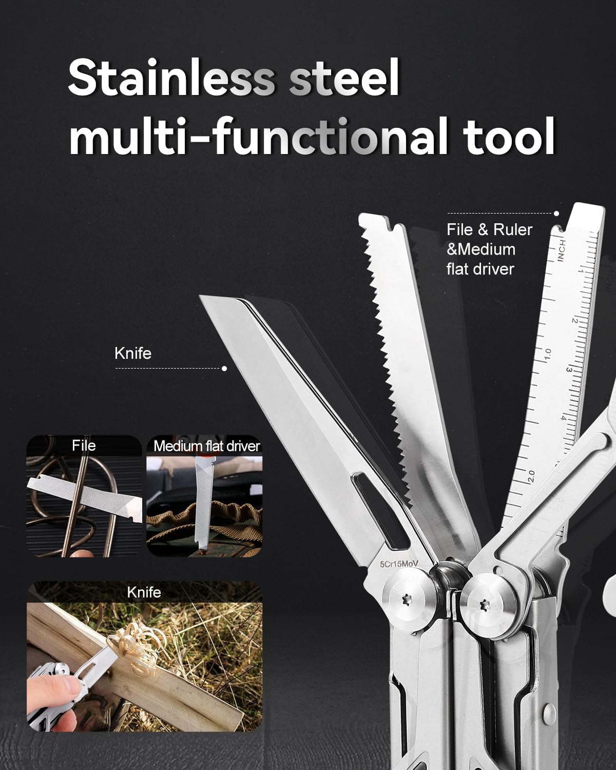 Strong 15-in-1 Multitool Pliers with Sheath, Stainless Steel, Grey | Folding Multi Tool, Needle Nose Pliers & Wire