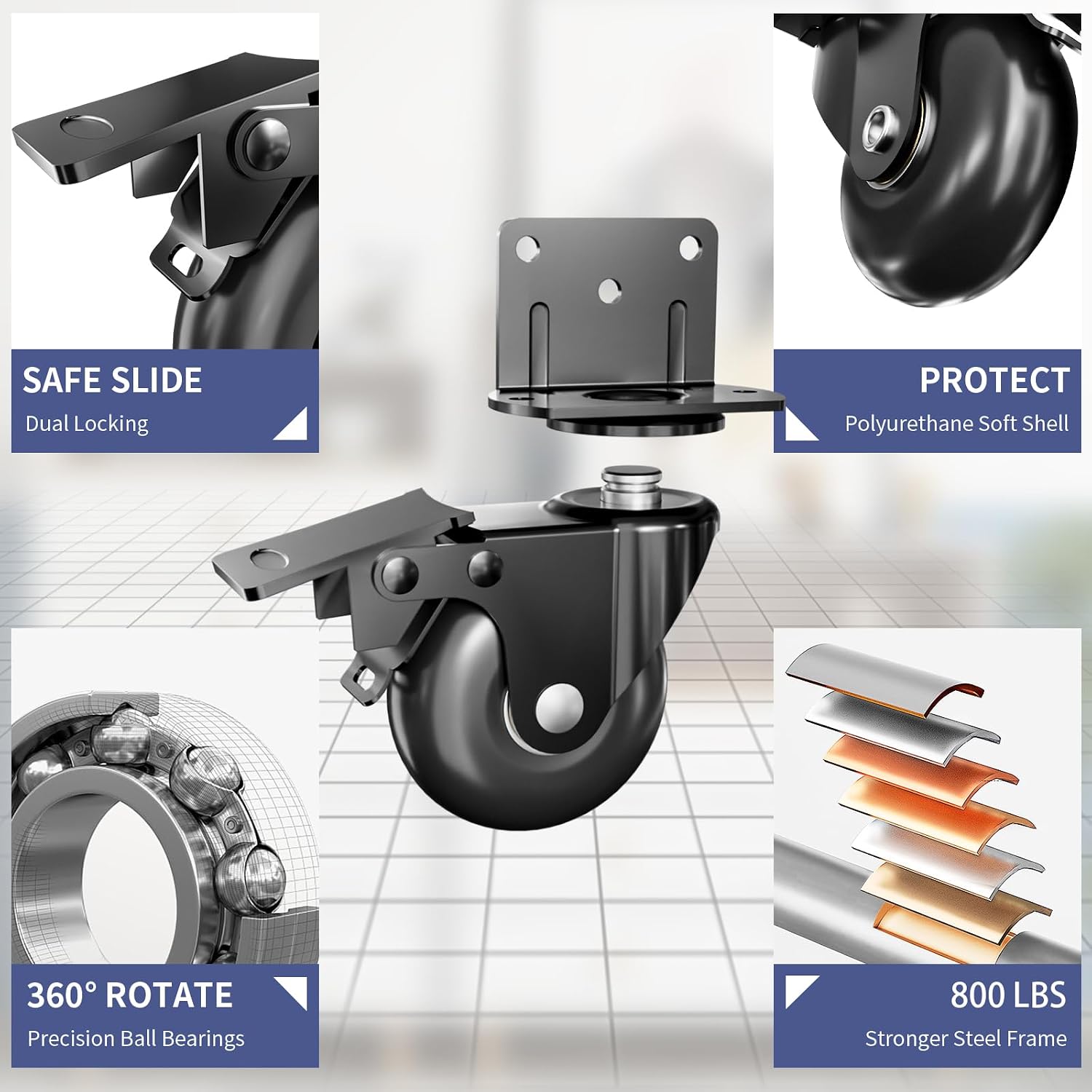 2 in Side Mount Plate Caster Wheels Heavy Duty 800 LBS | Thickened L-Shaped, 360° Swivel, Locking Dual Brake, Quiet