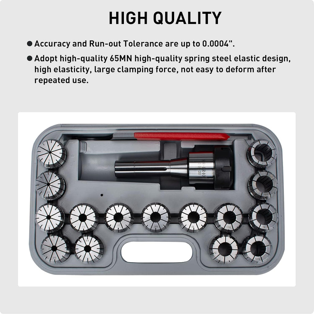 R8 ER40 Collet Chuck Set with 15 PCS Collets (0.0004'' Accuracy)