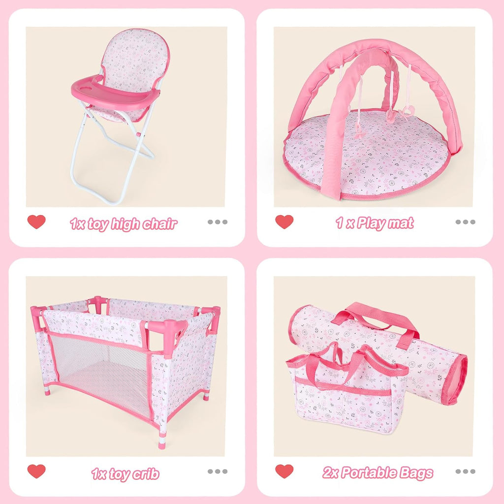 Baby Doll Accessories12-14 Doll Playset with High Chair Crib Bed Play Mat Storage Bag Handbag - 6 in 1 Pink Dolls