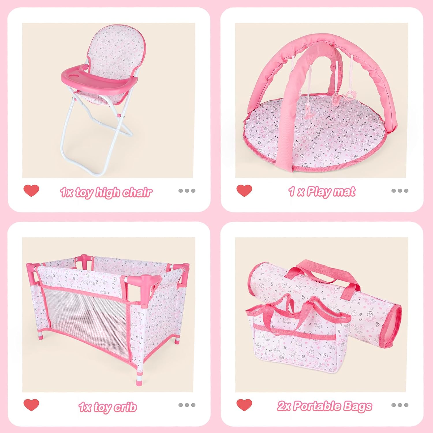 Baby Doll Accessories12-14 Doll Playset with High Chair Crib Bed Play Mat Storage Bag Handbag - 6 in 1 Pink Dolls