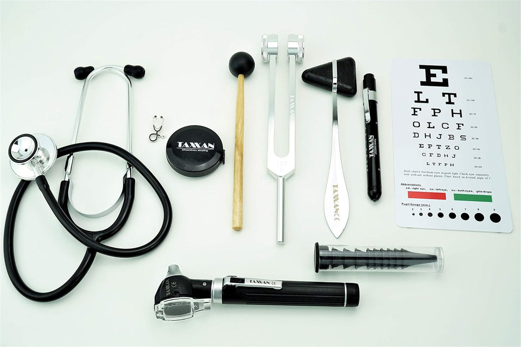 Otoscope, Dual-Head Stethoscope, Taylor Hammer, C128 Tuning Fork, Led Medical Penlight, Snellen Pocket Plastic Eye