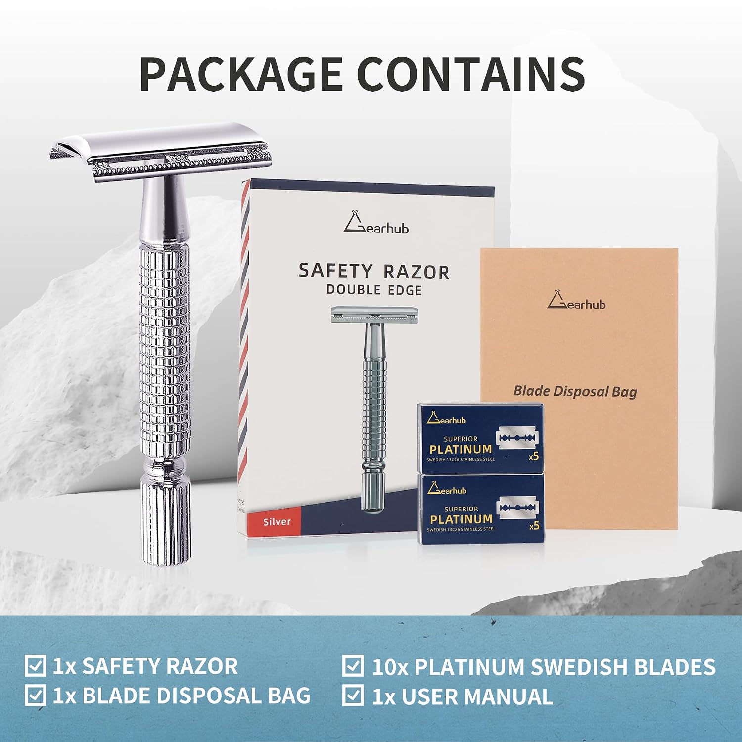 Double Edge Safety Razor Reusable Stainless Metal Wet Shaving Razor with 10 Swedish Platinum Blades for Men Women
