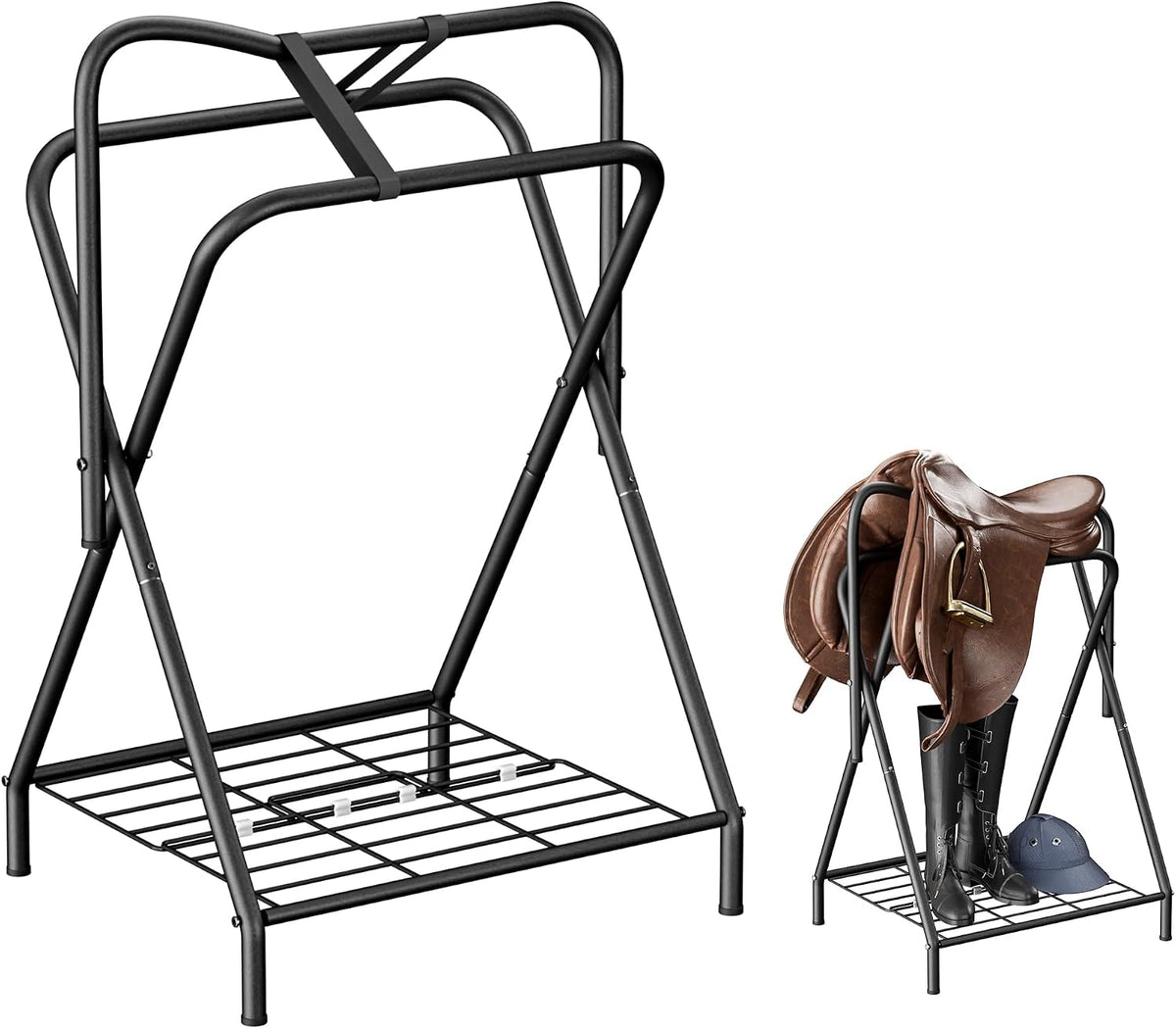 Foldable Saddle Rack with Bottom Storage Shelf – Heavy Duty Horse Saddle Stand for English & Western Saddles