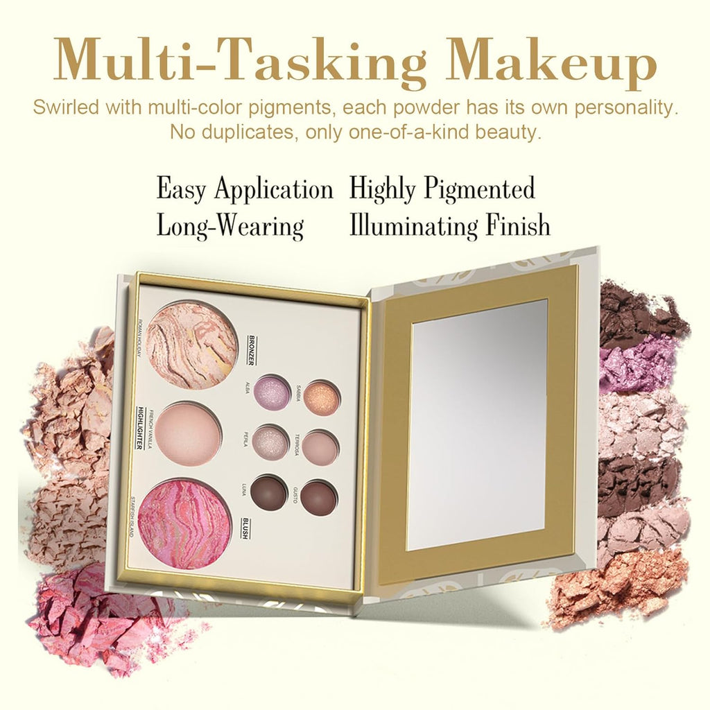 All in One Baked Makeup Face Palette, Includes 6 Eyeshadows, Bronzer, Blush, and Highlighter, Blush and Bronzer