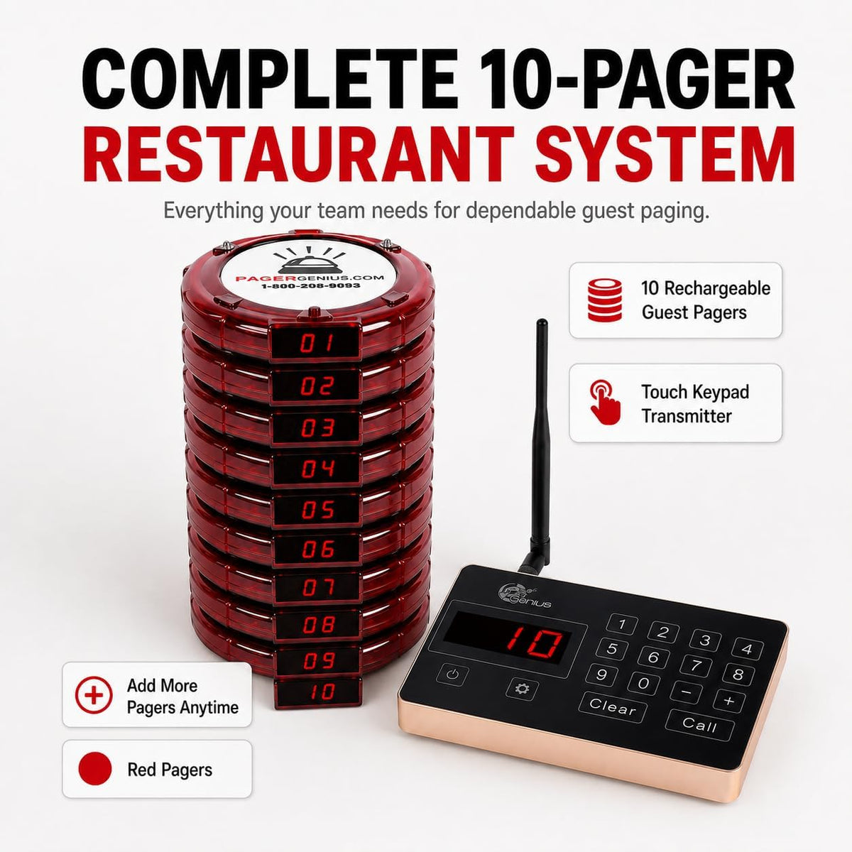 Restaurant Pager System, 10 Guest Pagers, 72-Hour Battery