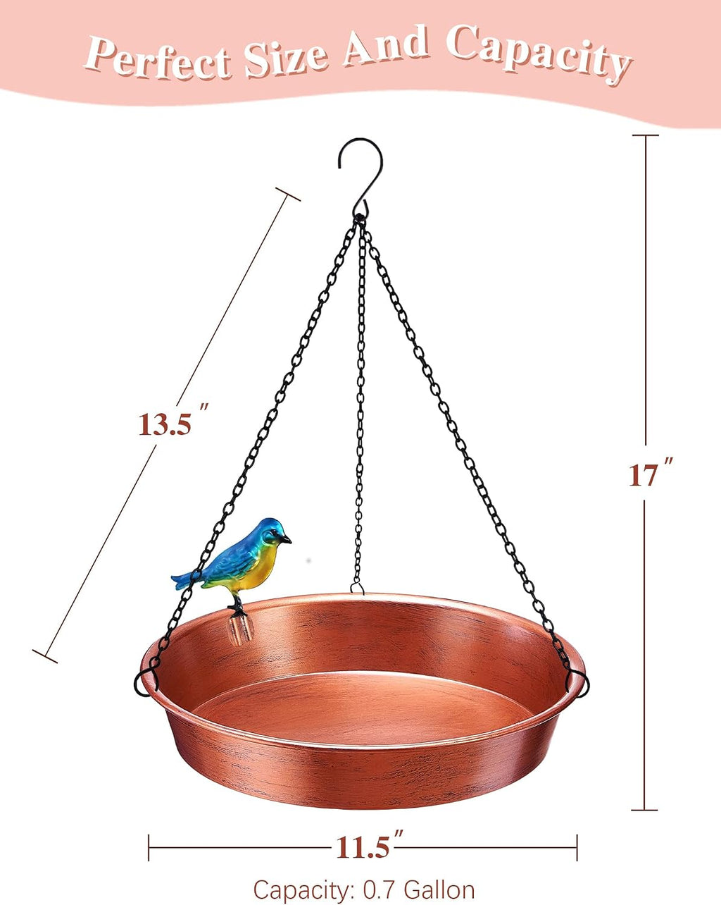 Hanging Bird Bath Outdoor 11.5" Antique Copper Metal Birdbath & Feeder Bowl