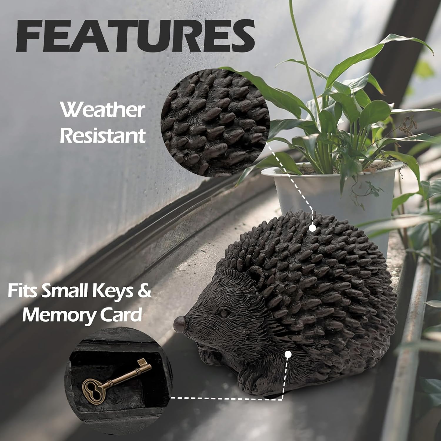 Hedgehog Key Hider Outdoor – Resin Waterproof Fake Rock Hide a Key, Secure Spare Key Holder with Secret Storage
