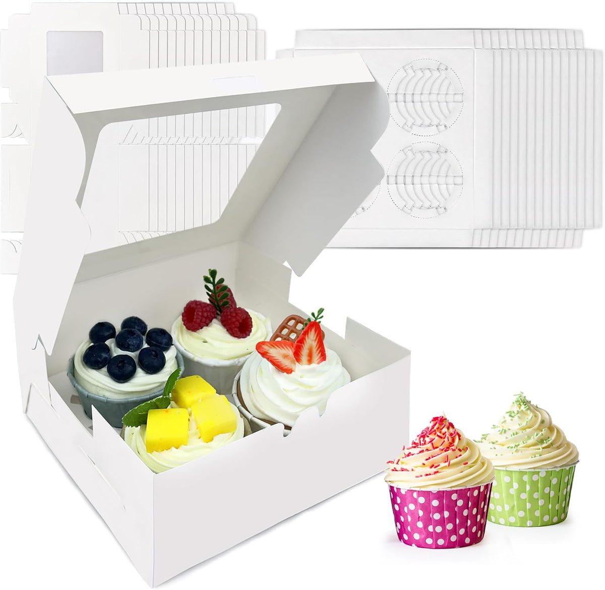 14 PCS White Paper Cupcake Boxes with 4 Cavity Cookie Gift Boxes with Clear Window 4 Treat Holder Cupcake Containers