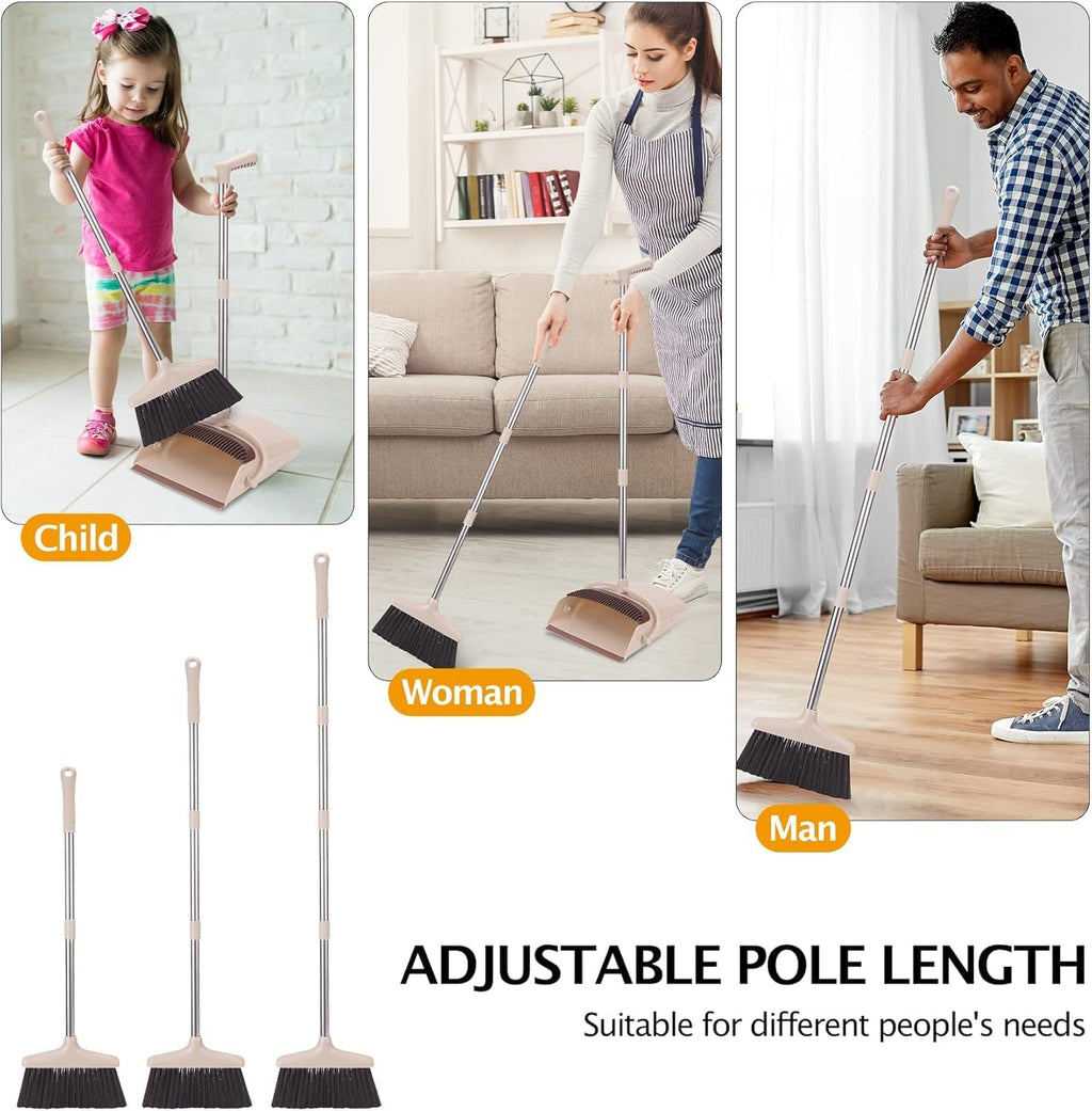 Broom and Dustpan Set with Long Handle, Light Weight Stainless Steel Poles Stand Upright Dustpans with Broom Combo