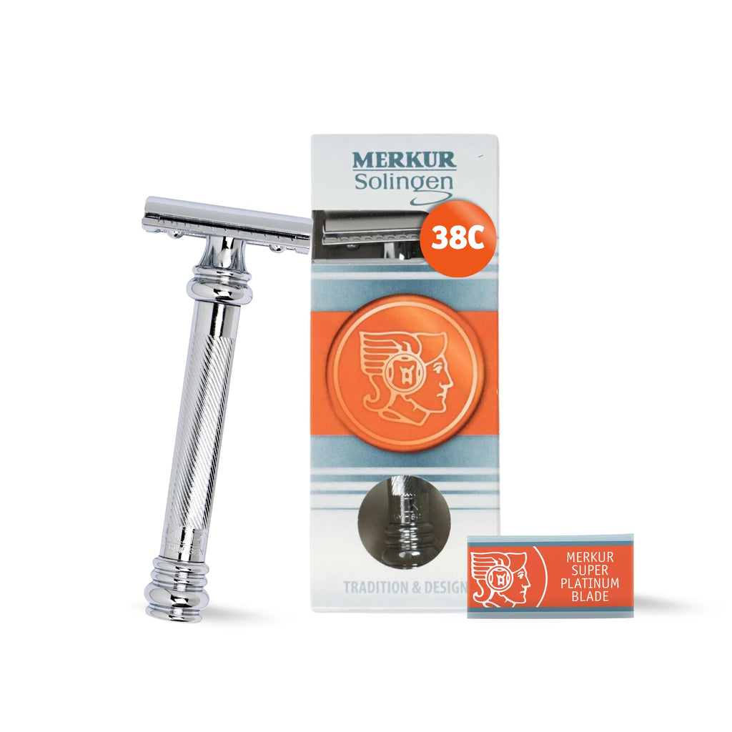 38C Double Edge Safety Razor - Bright Chrome, Extra Large Barber Pole Grip Brass Handle, Made in Germany