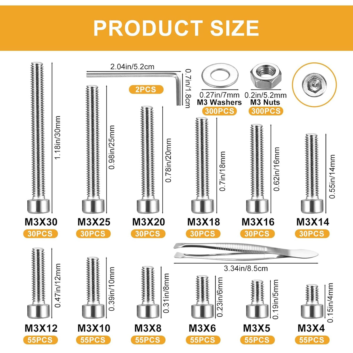 1110Pcs M3 Silver Stainless Steel Hex Socket Screws and Nuts Assortment Kit
