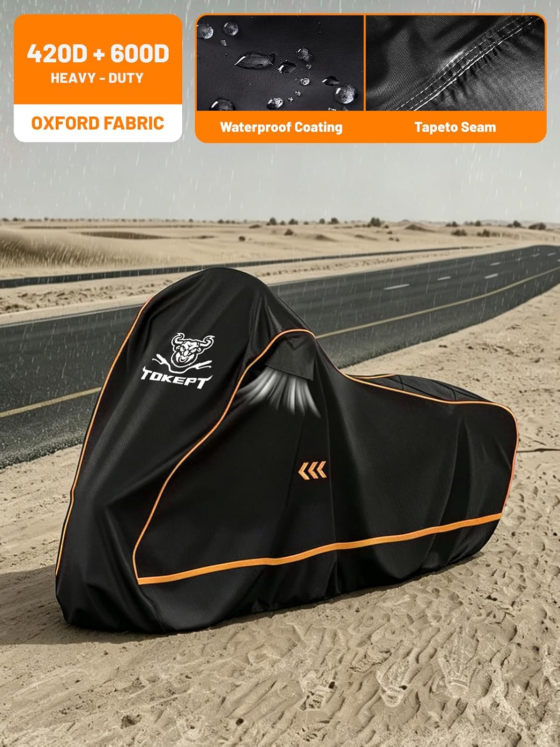 Full Enclosed Motorcycle Cover, 600D Heavy Duty Waterproof Motorcycle Cover with Reflective Strips & Vents, Fits Fits