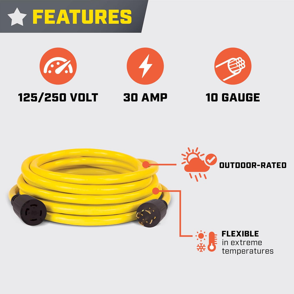 25-Foot 30-Amp 250-Volt Generator Power Cord for Manual Transfer Switch (L14-30P to L14-30R)