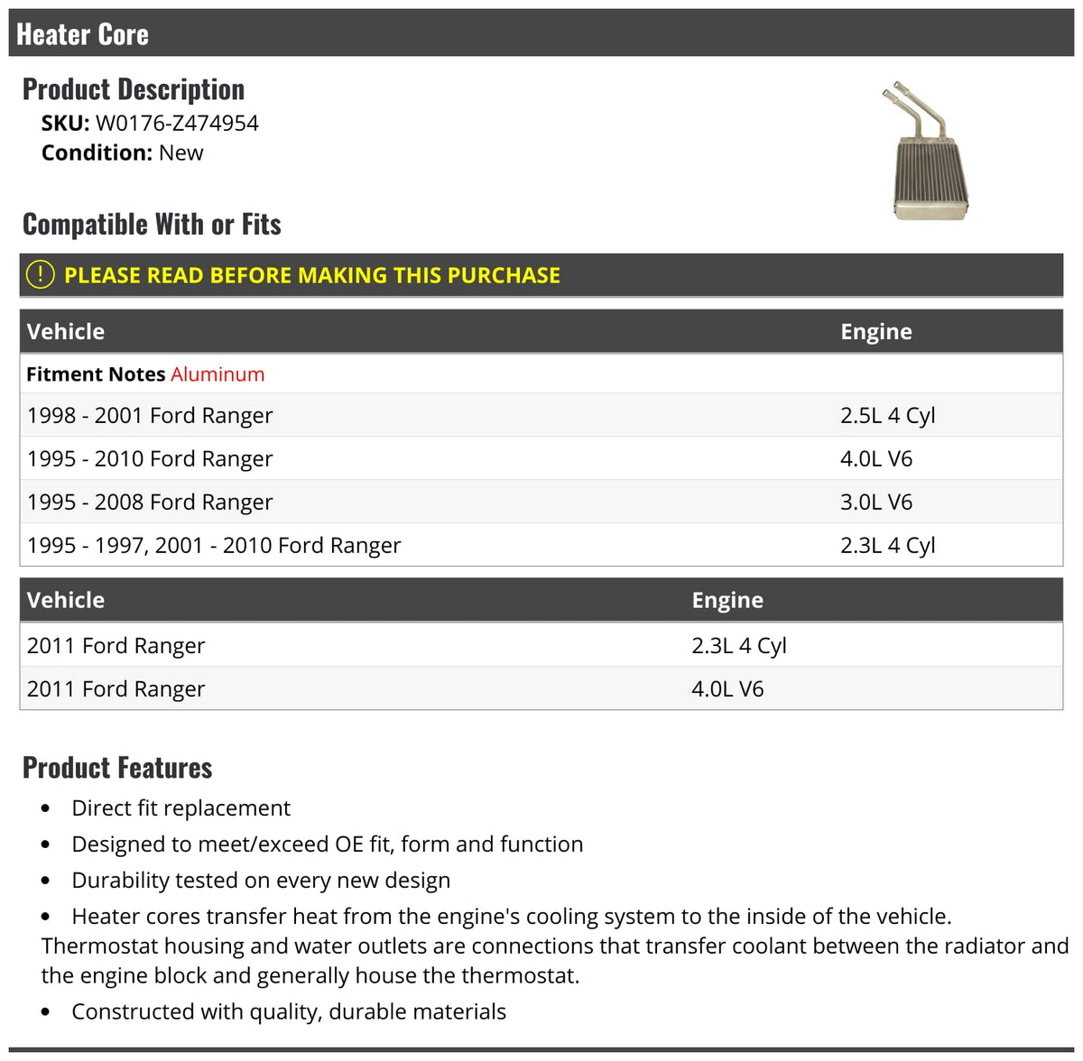 Heater Core - Compatible with 1995-2011 Ford Ranger