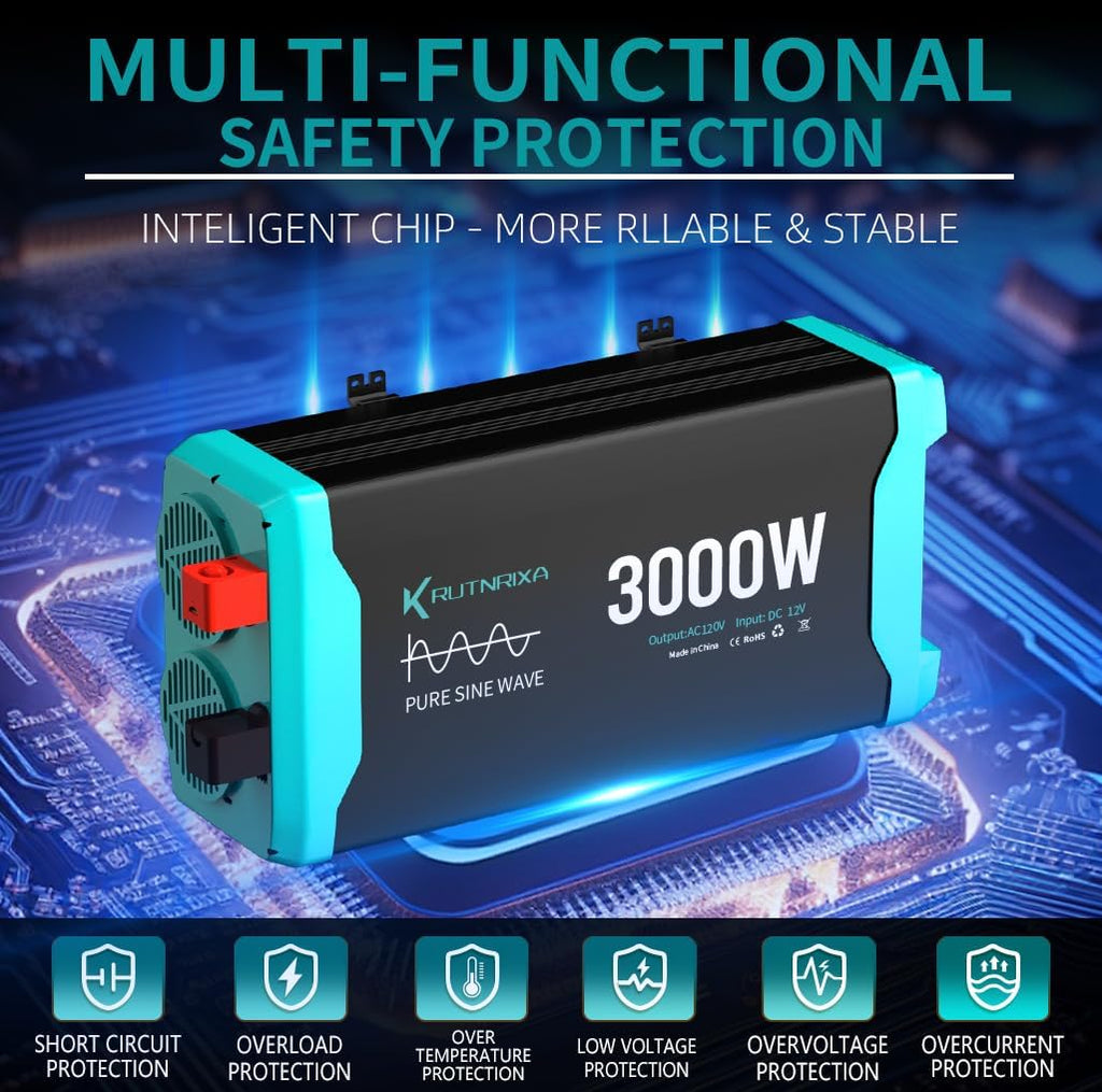 3000W Pure Sine Wave Inverter Peak 6000w 12V DC to 120V AC for RV, Truck, Off-Grid, Home, Solar Car Power Inverter