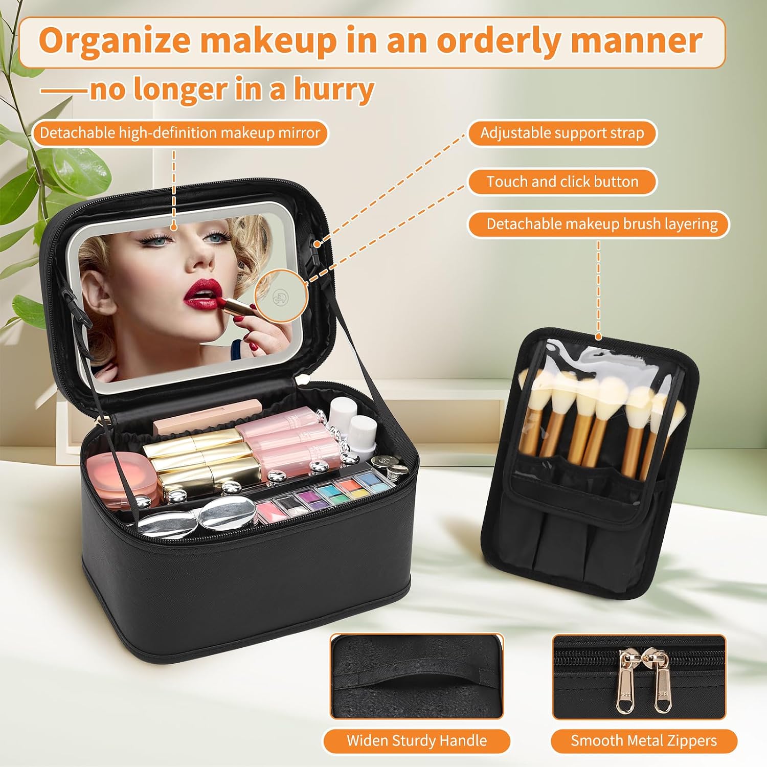 Makeup Bag With LED Mirror, Travel Makeup Bag With 3 Color Setting Light Up Mirror Cosmetic Makeup Organizer Vanity
