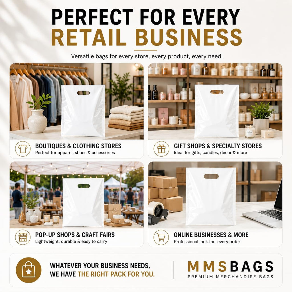 Large Plastic Merchandise Bags, Die Cut Handle Retail Shopping Bags, Glossy Poly Bags for Clothing, Shoe Boxes