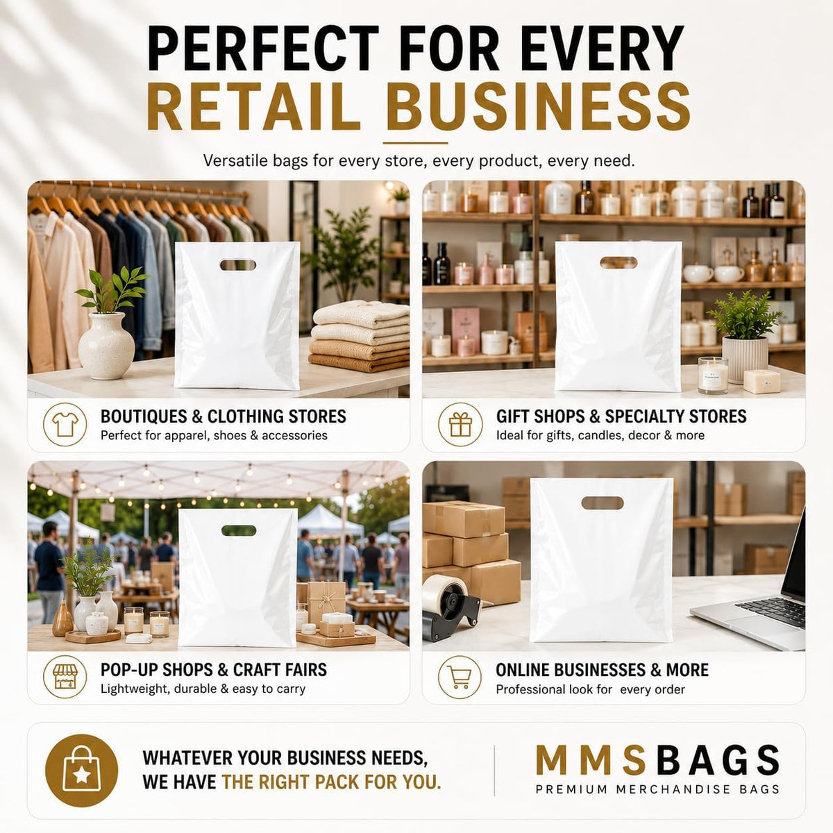 Large Plastic Merchandise Bags, Die Cut Handle Retail Shopping Bags, Glossy Poly Bags for Clothing, Shoe Boxes