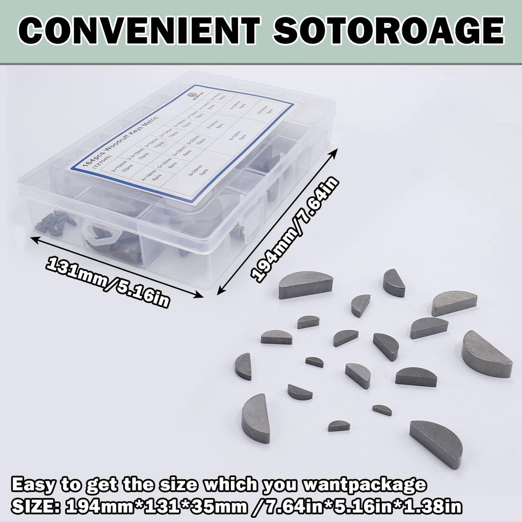 164Pcs 17 Sizes Metric Woodruff Key Kit, Carbon Steel Half Moon Keys