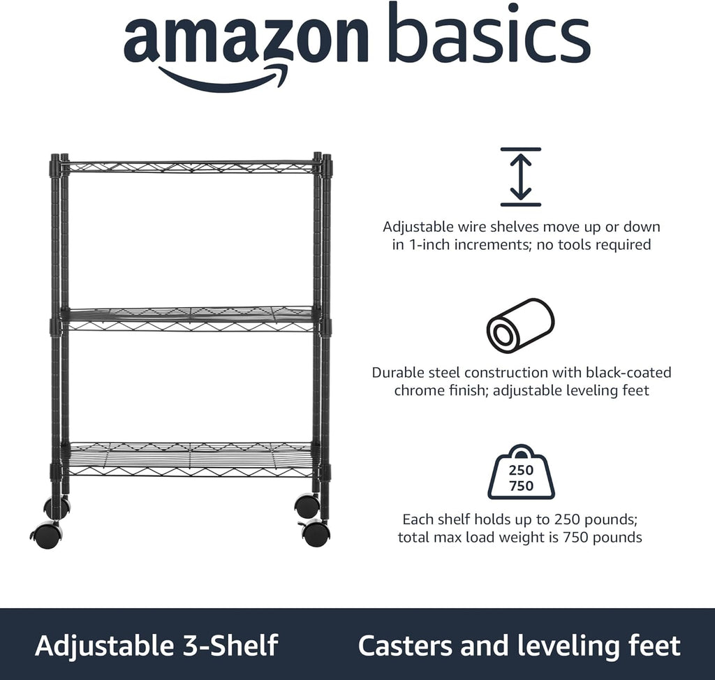 3-Shelf Adjustable Heavy Duty Storage Shelving Unit on 2" Wheels, Metal Wire Rack for Garage, Utility Shelving with