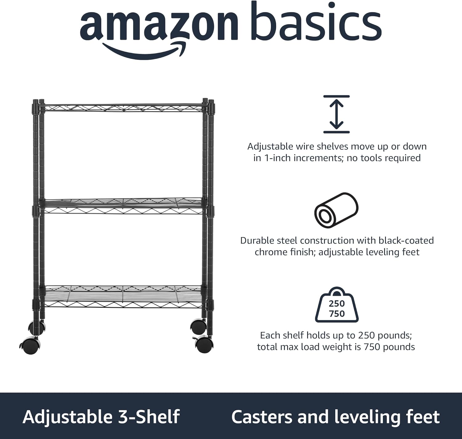 3-Shelf Adjustable Heavy Duty Storage Shelving Unit on 2" Wheels, Metal Wire Rack for Garage, Utility Shelving with