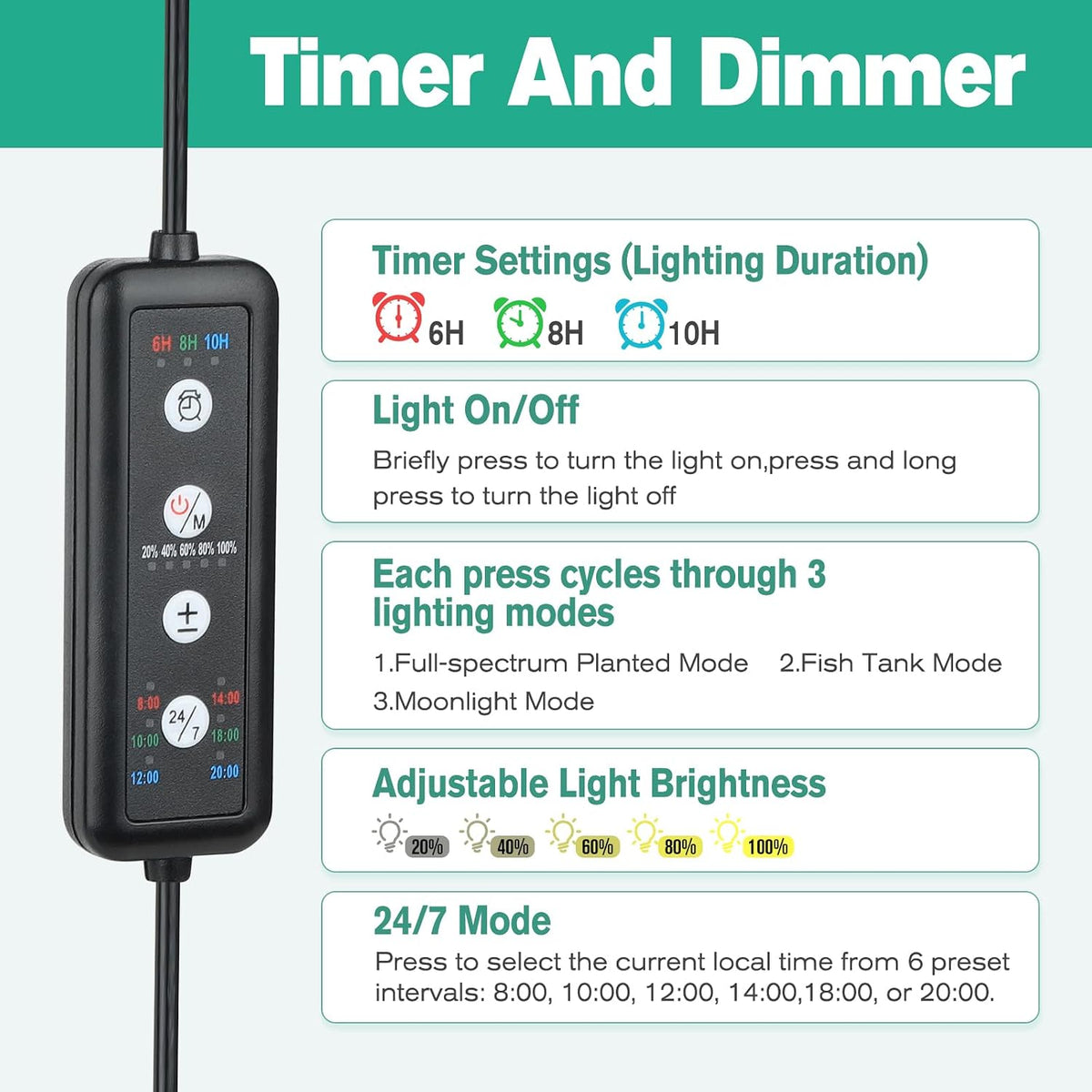 Clip On LED Aquarium Light, 24/7 Cycle Fish Tank Light with Timer