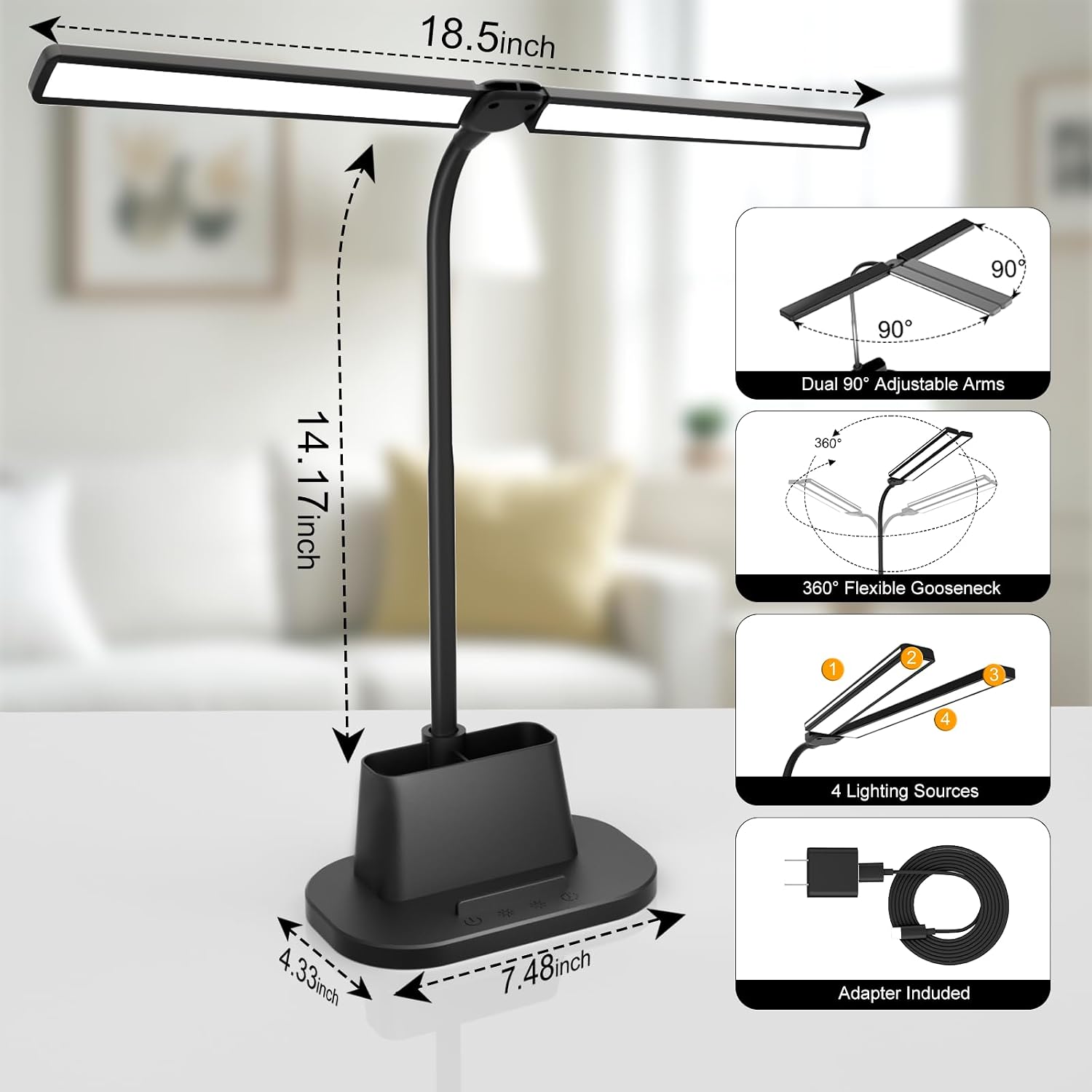 Desk Lamp with USB-C Charging Port and Organizer Base, LED Desk Light with Pen Holder, Phone Stand, 25 Lighting