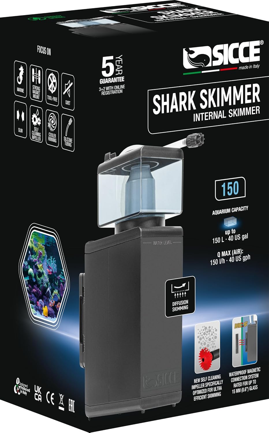 Shark Nano Protein Skimmer 150 up to 40 Gallon Saltwater Aquariums | Ultra Quiet Pump, Adjustable, Compact, Small