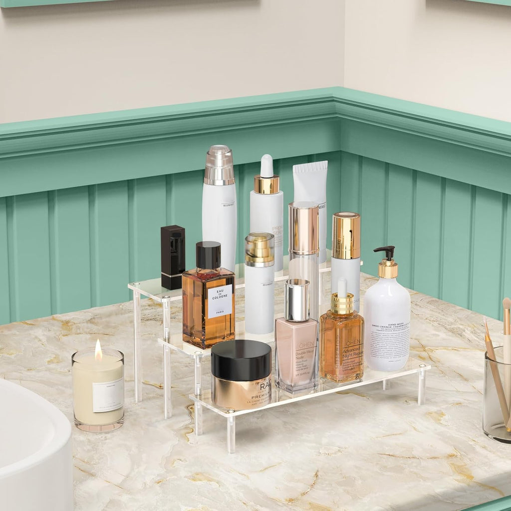Acrylic Display Risers, 3 Tier Perfume Organizer, Clear Cupcake Stand | Large Shelf Risers for Figures, Dessert