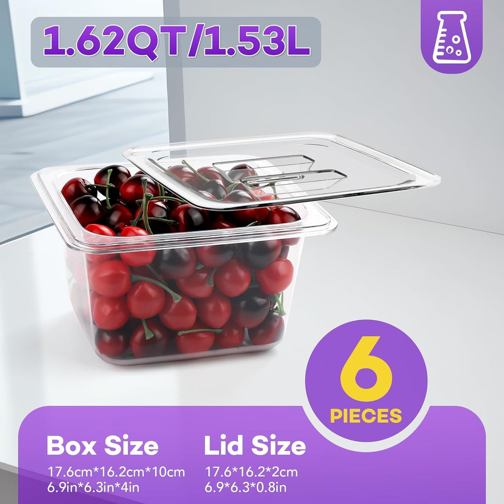 6 Pack Plastic Food Pan with Lids 1/6 Size 4 Inch Deep